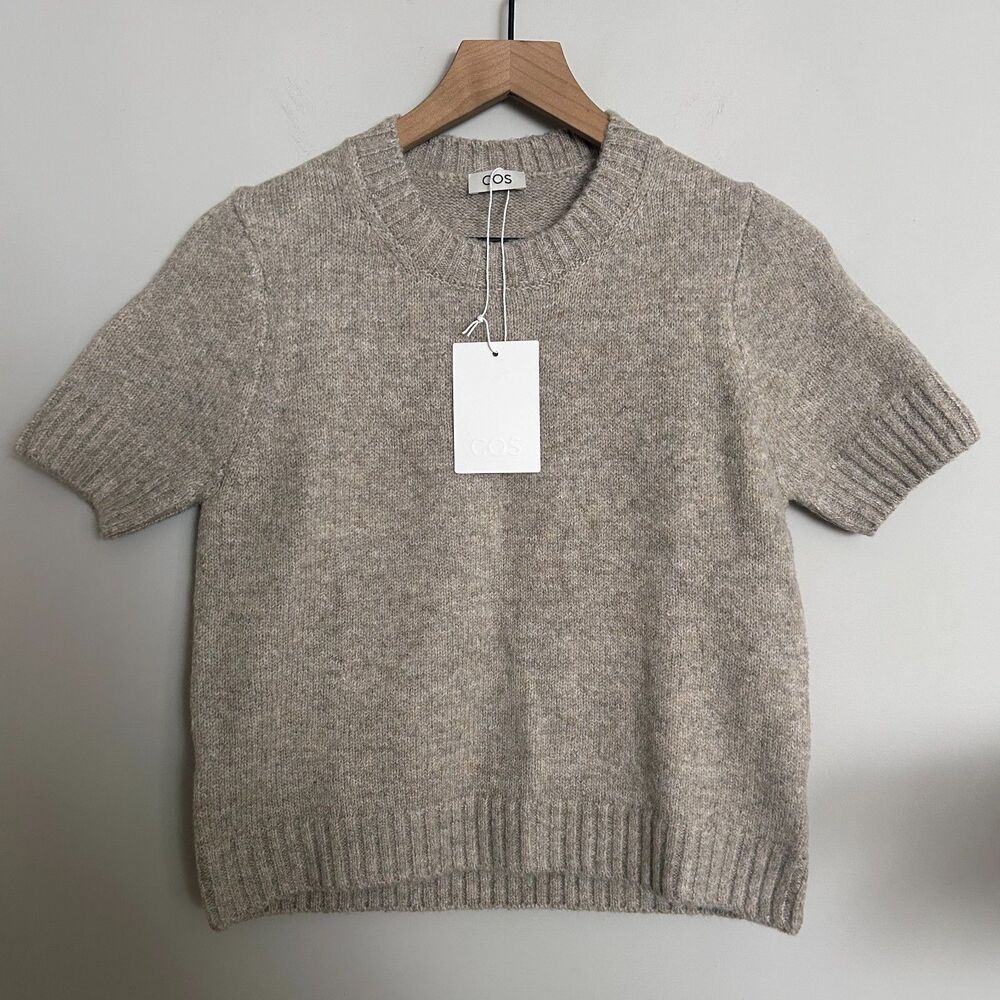COS Alpaca Yak Wool Knit T-Shirt Beige Melange Short Sleeve Sweater NWT